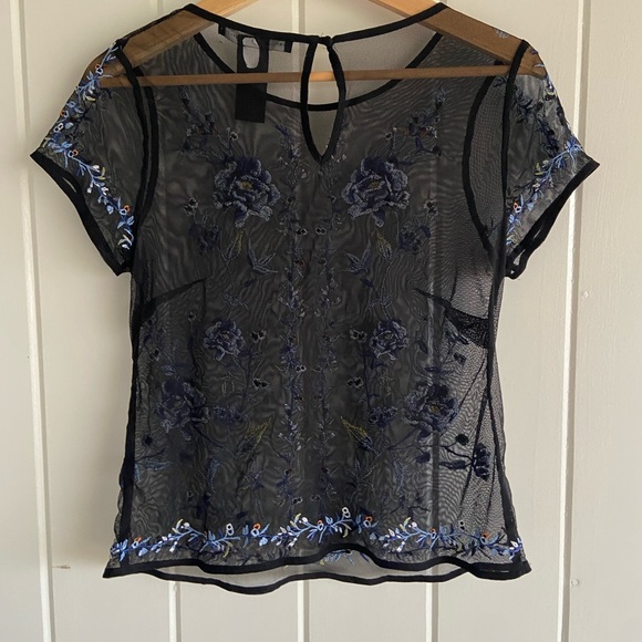 Black House White Market Embroidered Floral Mesh Blouse Elegant Flowers Boho - Picture 2 of 7